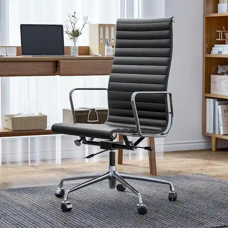 Chaise de bureau ergonomique en cuir véritable nervuré avec dossier haut