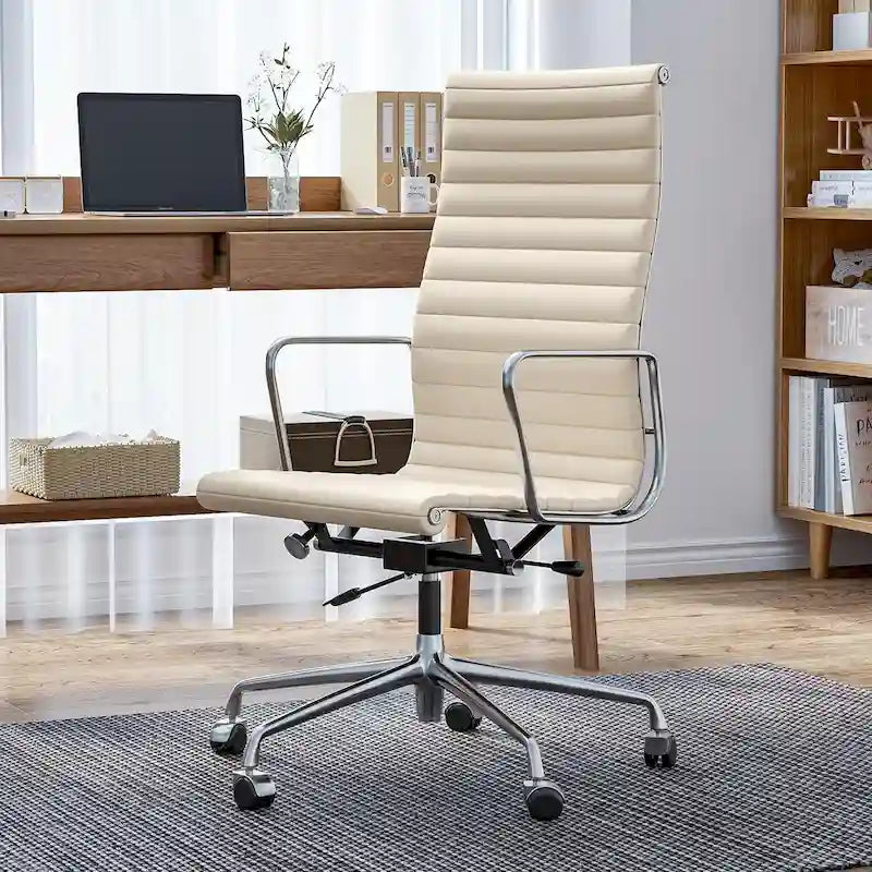 Chaise de bureau ergonomique en cuir véritable nervuré avec dossier haut