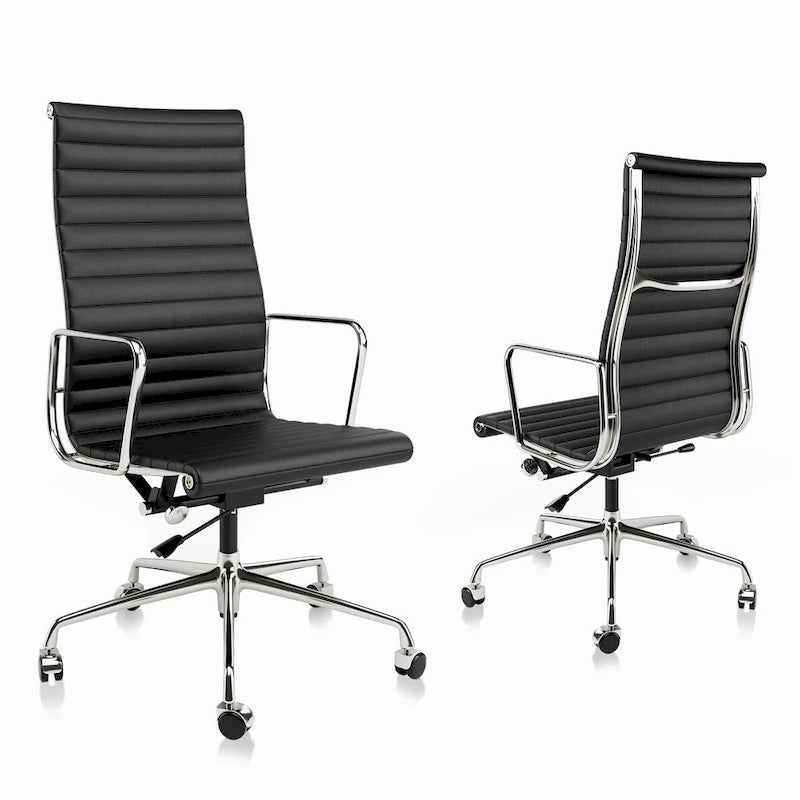 High Back Ergonomic Genuine Leather Ribbed Office Computer Chair - N/A