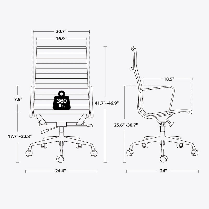 Chaise de bureau ergonomique en cuir véritable nervuré avec dossier haut