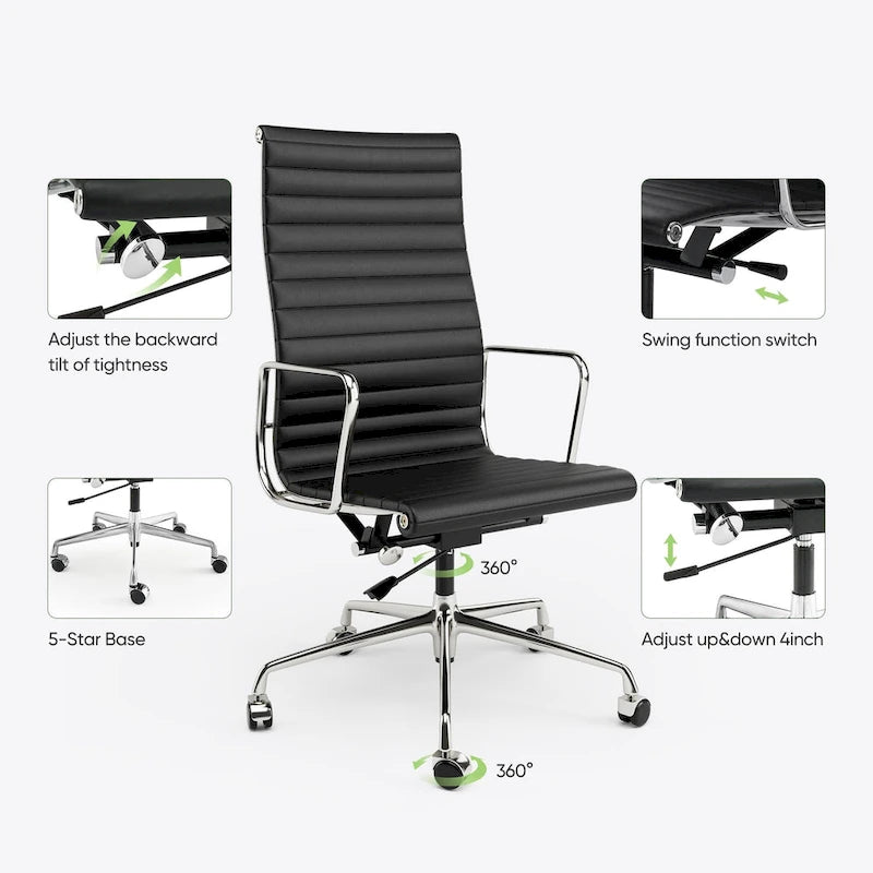 Chaise de bureau ergonomique en cuir véritable nervuré avec dossier haut