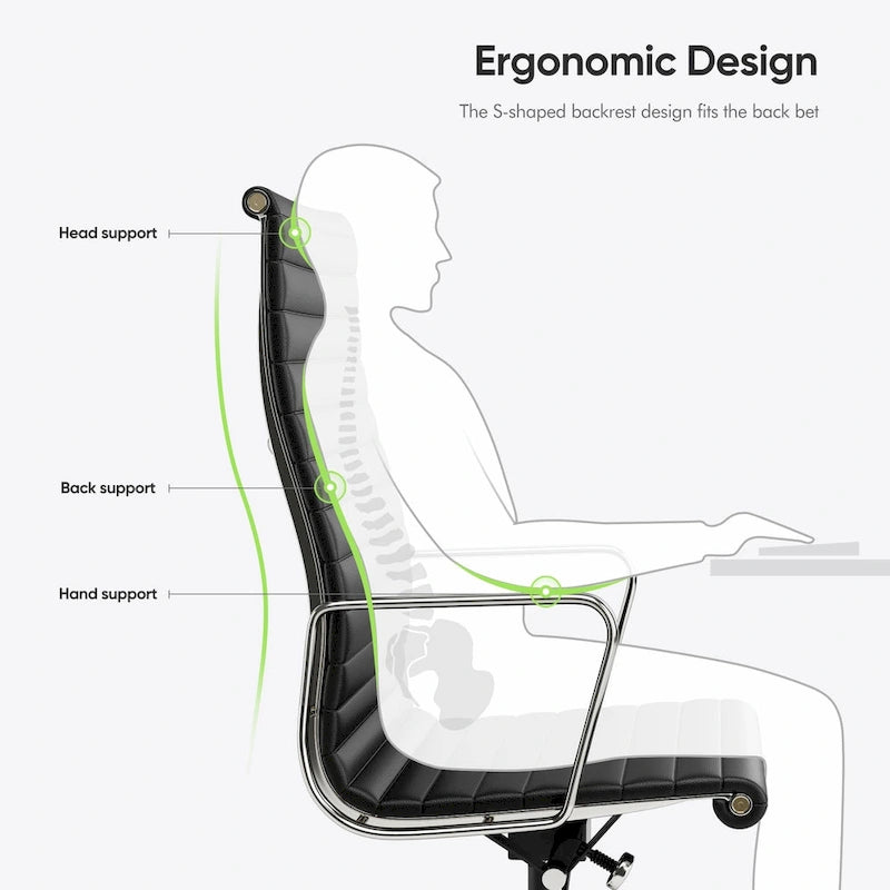 Chaise de bureau ergonomique en cuir véritable nervuré avec dossier haut