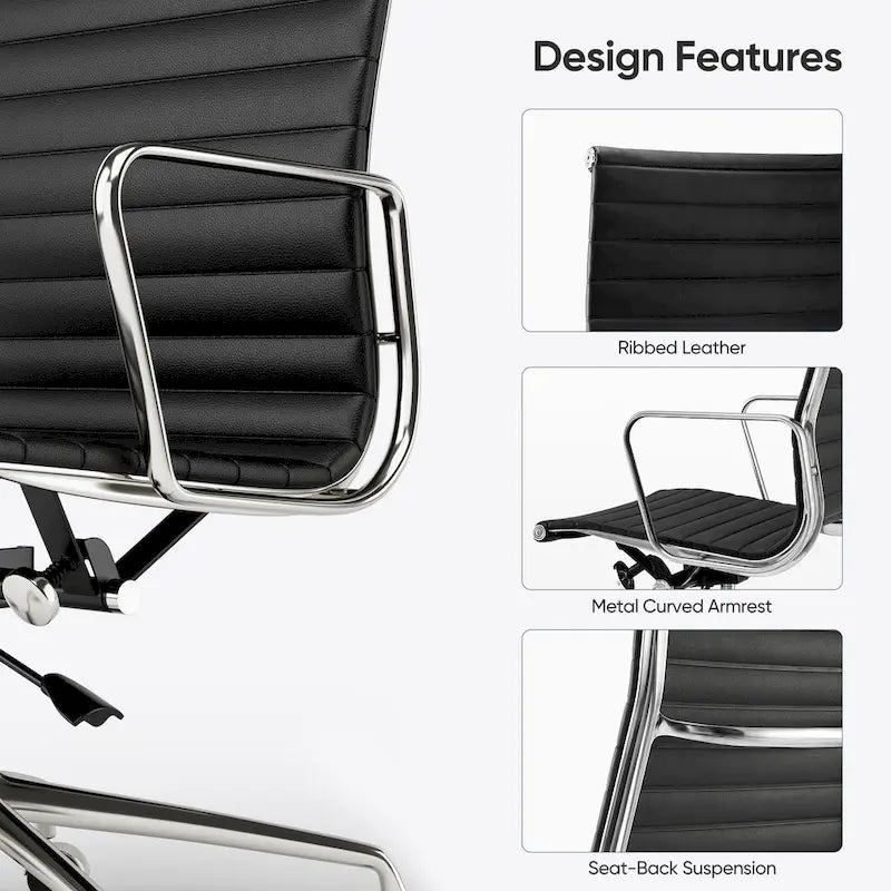 Chaise de bureau ergonomique en cuir véritable nervuré avec dossier haut