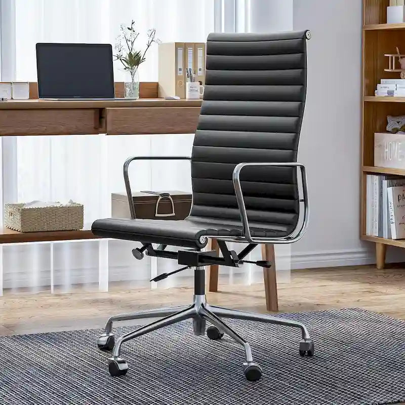 Chaise de bureau ergonomique en cuir véritable nervuré avec dossier haut