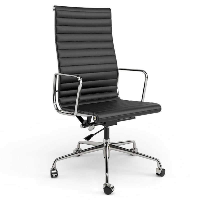 Chaise de bureau ergonomique en cuir véritable nervuré avec dossier haut