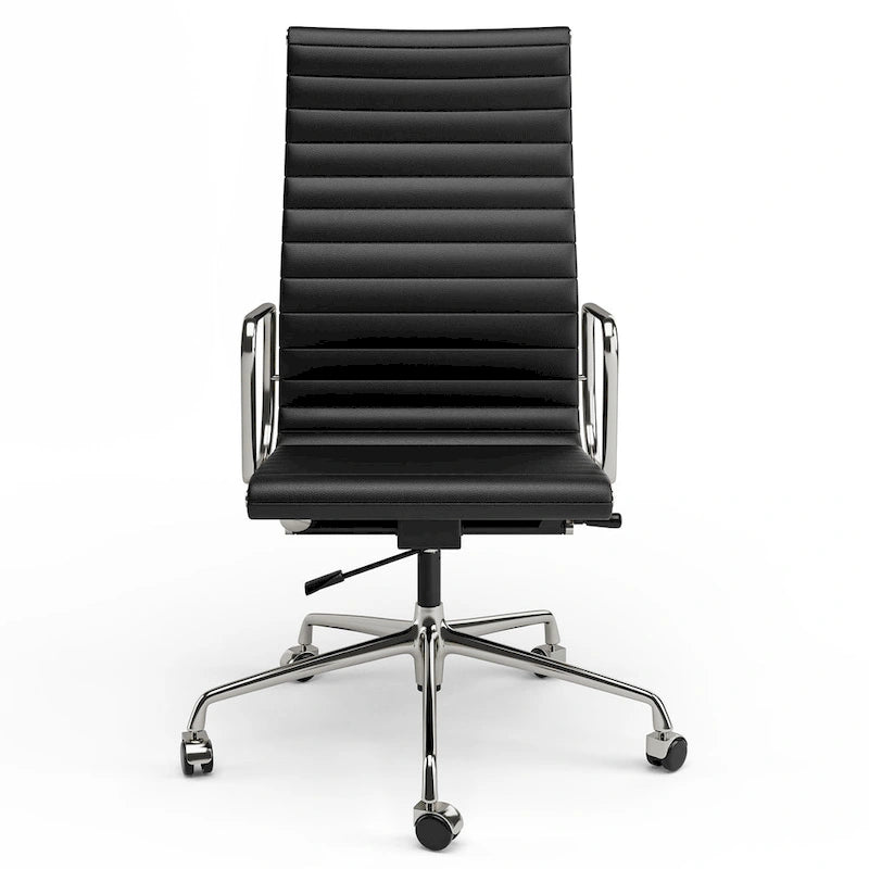 Chaise de bureau ergonomique en cuir véritable nervuré avec dossier haut