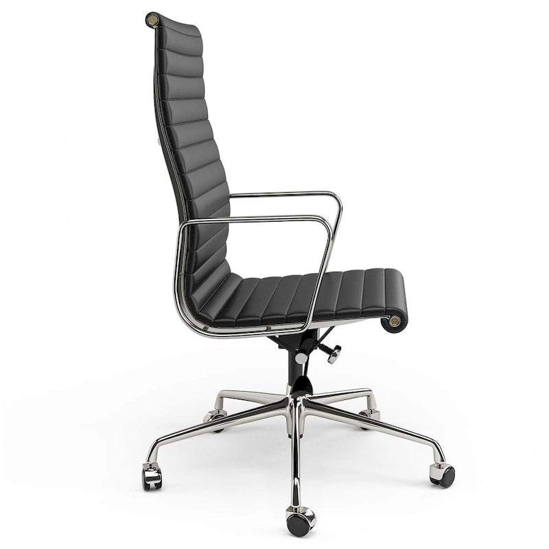 Chaise de bureau ergonomique en cuir véritable nervuré avec dossier haut