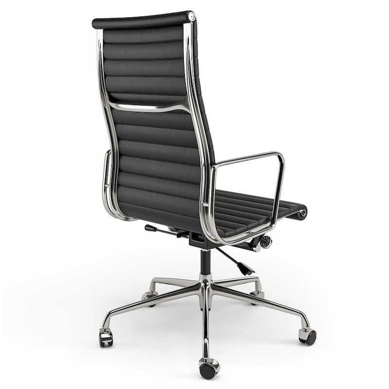Chaise de bureau ergonomique en cuir véritable nervuré avec dossier haut
