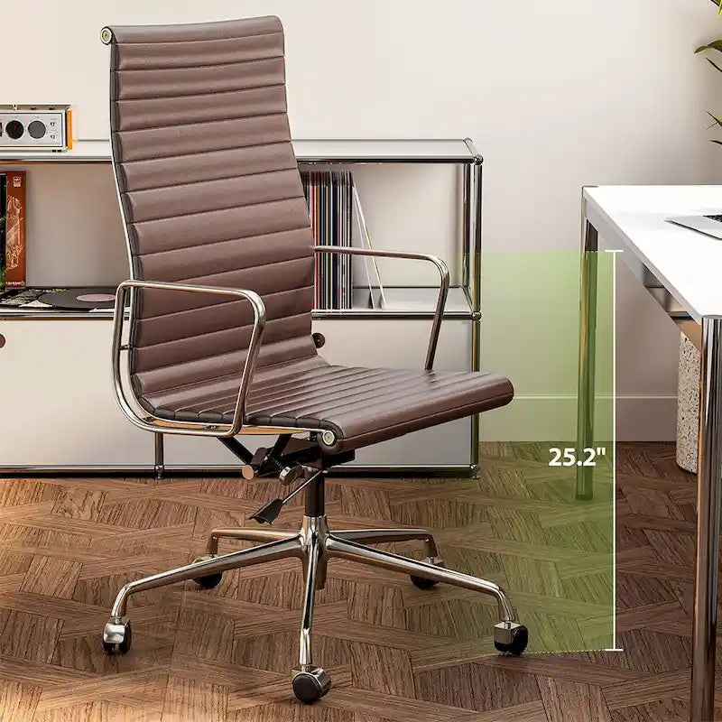 Chaise de bureau ergonomique en cuir véritable nervuré avec dossier haut