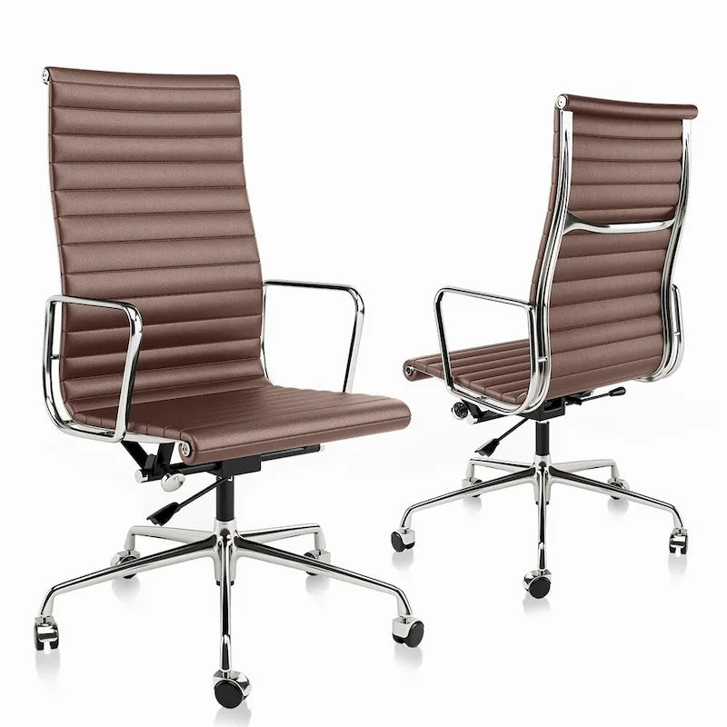 Chaise de bureau ergonomique en cuir véritable nervuré avec dossier haut