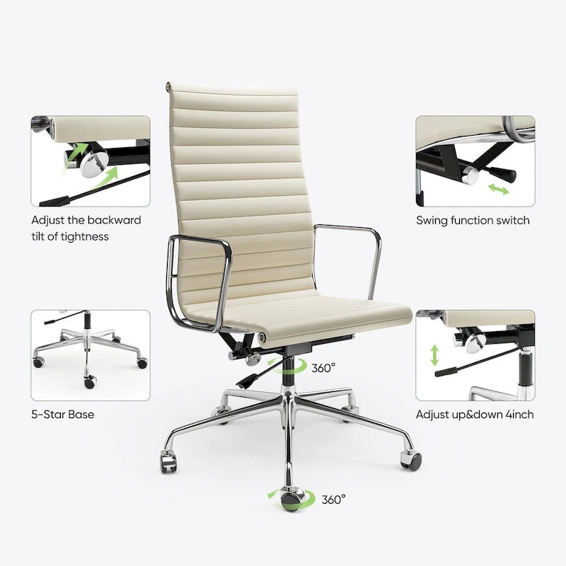 Chaise de bureau ergonomique en cuir véritable nervuré avec dossier haut