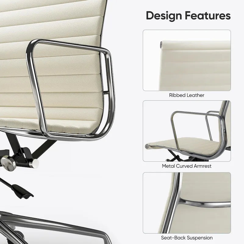 Chaise de bureau ergonomique en cuir véritable nervuré avec dossier haut