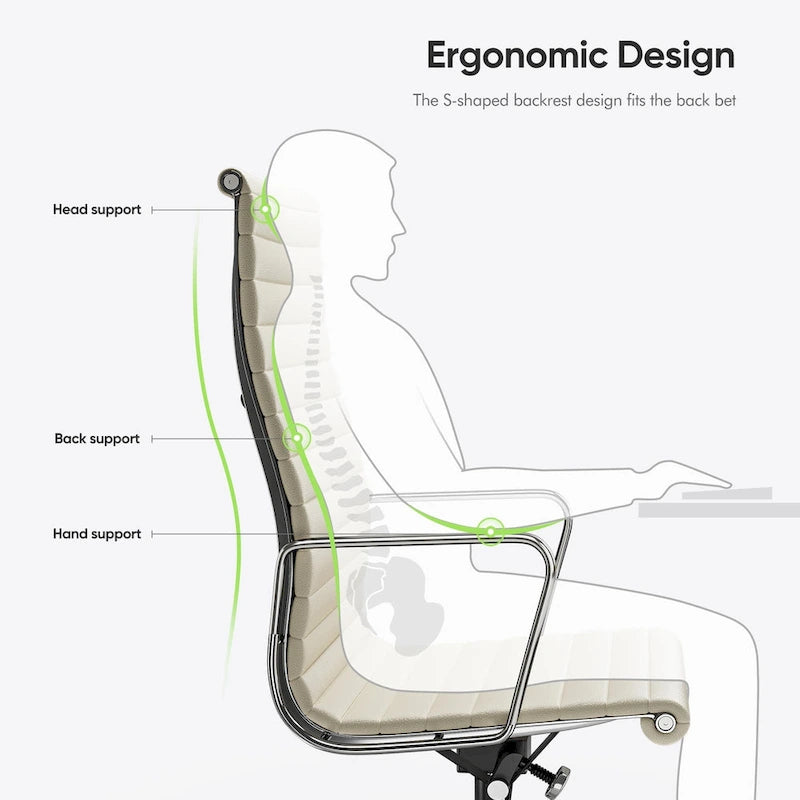Chaise de bureau ergonomique en cuir véritable nervuré avec dossier haut