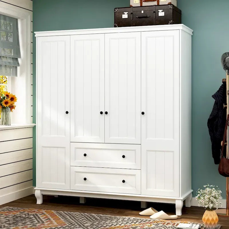 63W Wood Family Wardrobe Armoire Closet White Lacquer Clothing Rods