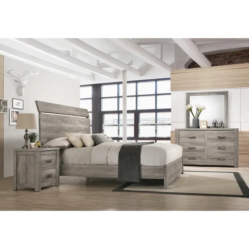 Roundhill Furniture Floren Contemporary Weathered Gray Wood Bedroom Set, Panel Bed, Dresser, Mirror, Nightstand