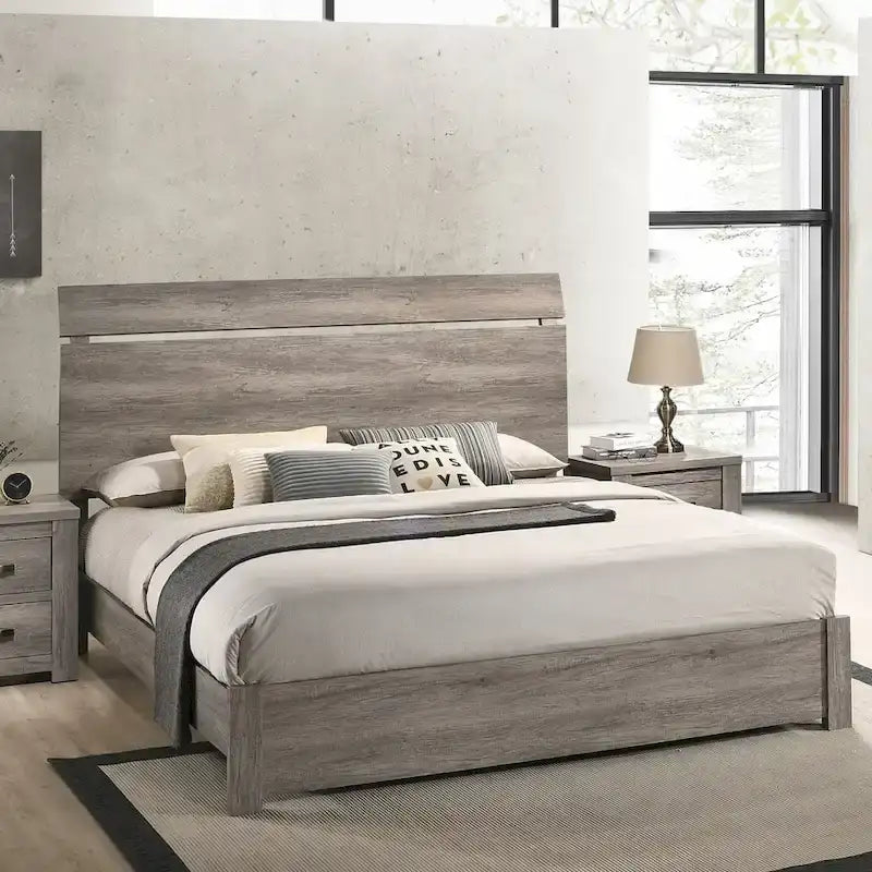 Lit à panneaux en bois gris délavé contemporain