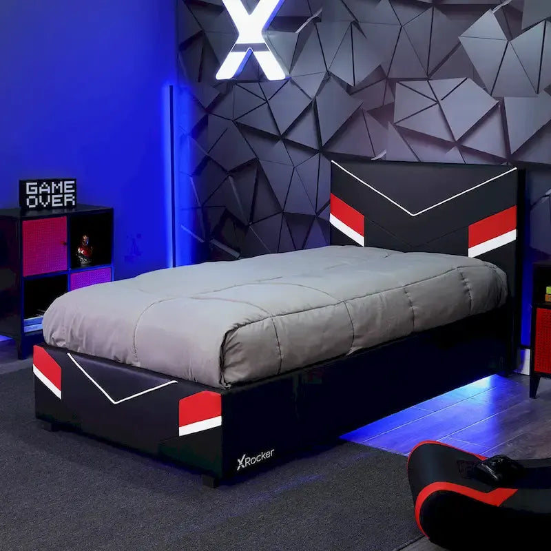 Cadre de lit Gaming eSports, Noir/Rouge, Jumeau