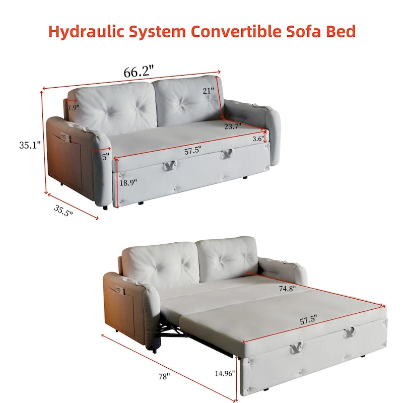 Canapé-lit Queen size avec système hydraulique, espace de rangement et 2 oreillers moelleux, rembourré avec capitonnage à boutons