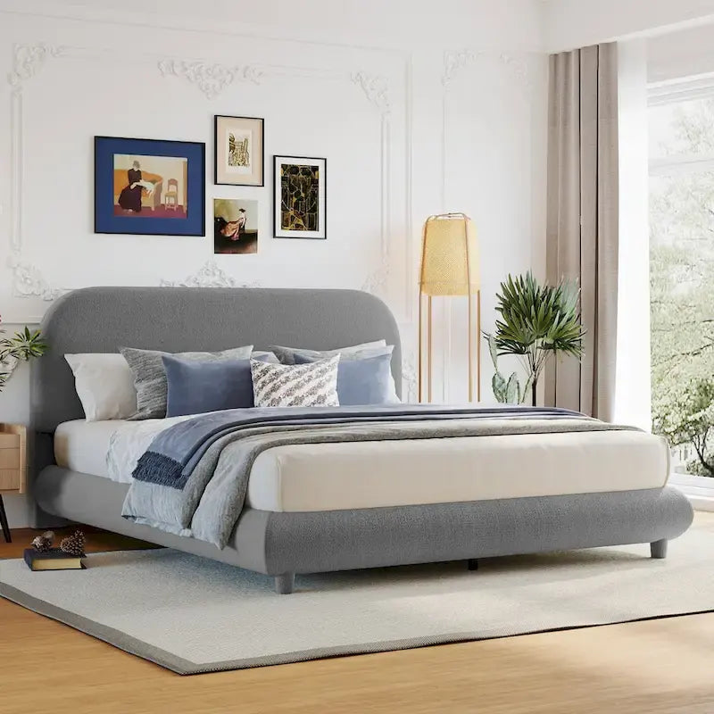 Lit plateforme rembourré en molleton Teddy Queen Size avec tissu épais, cadre solide et design élégant en forme de courbe