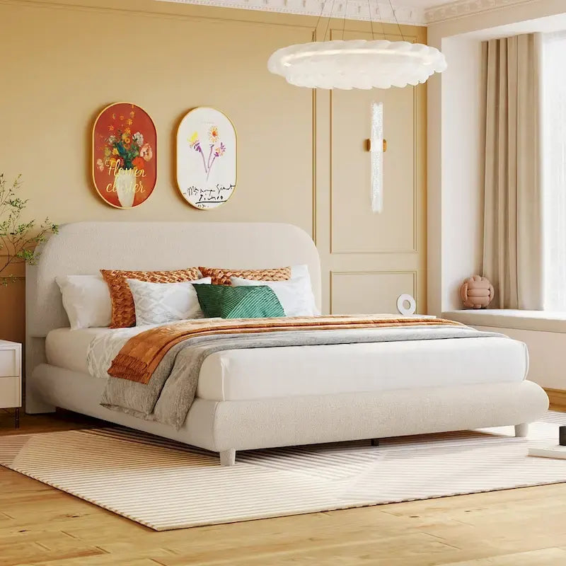 Lit plateforme rembourré en molleton Teddy Queen Size avec tissu épais, cadre solide et design élégant en forme de courbe