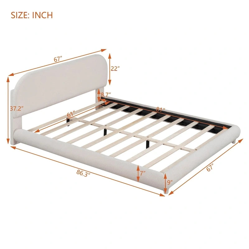 Lit plateforme rembourré en molleton Teddy Queen Size avec tissu épais, cadre solide et design élégant en forme de courbe