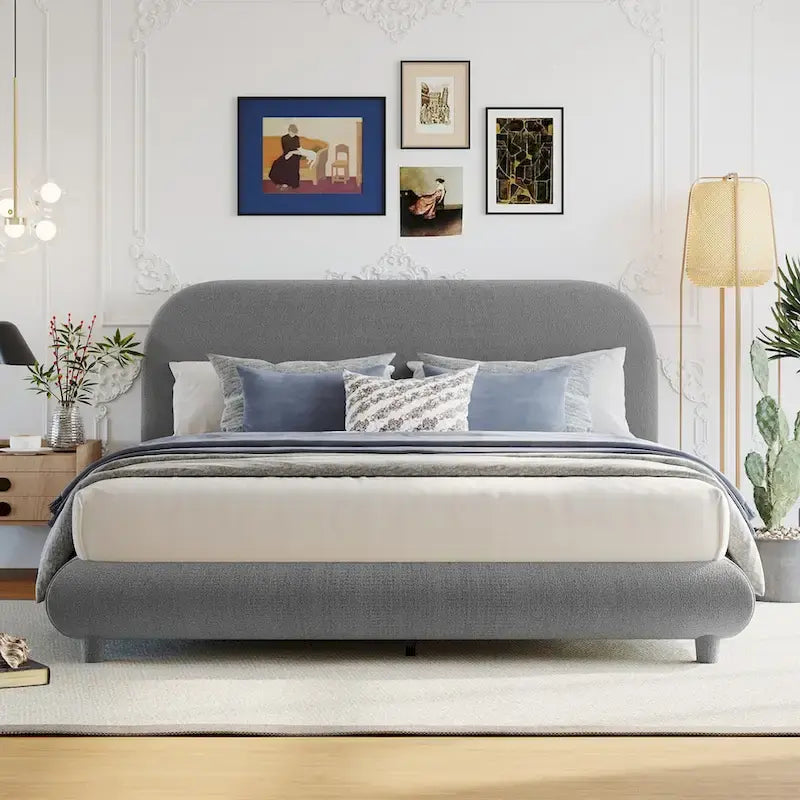 Lit plateforme rembourré en molleton Teddy Queen Size avec tissu épais, cadre solide et design élégant en forme de courbe