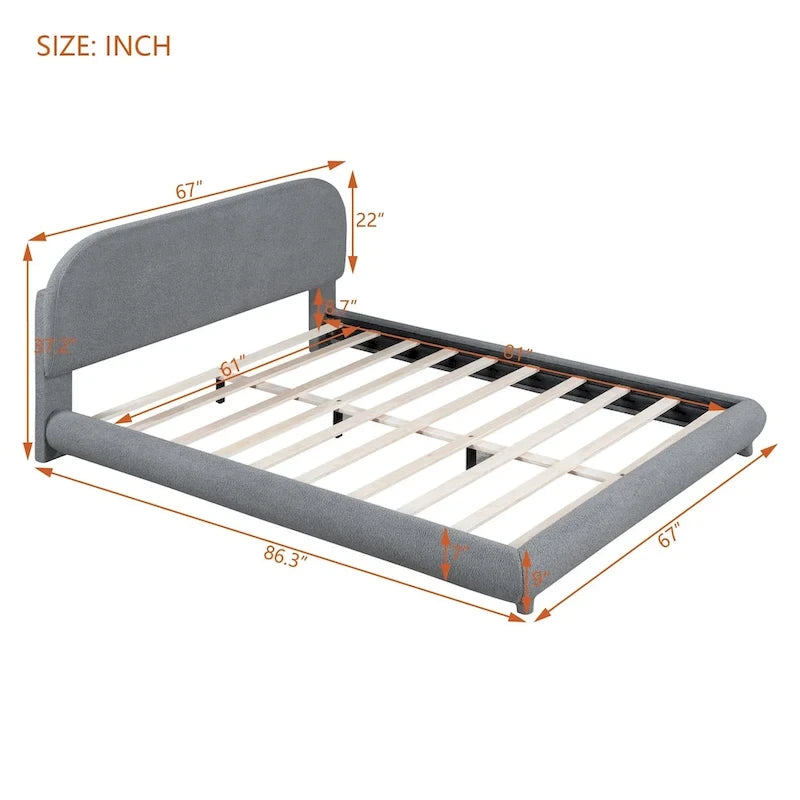 Lit plateforme rembourré en molleton Teddy Queen Size avec tissu épais, cadre solide et design élégant en forme de courbe