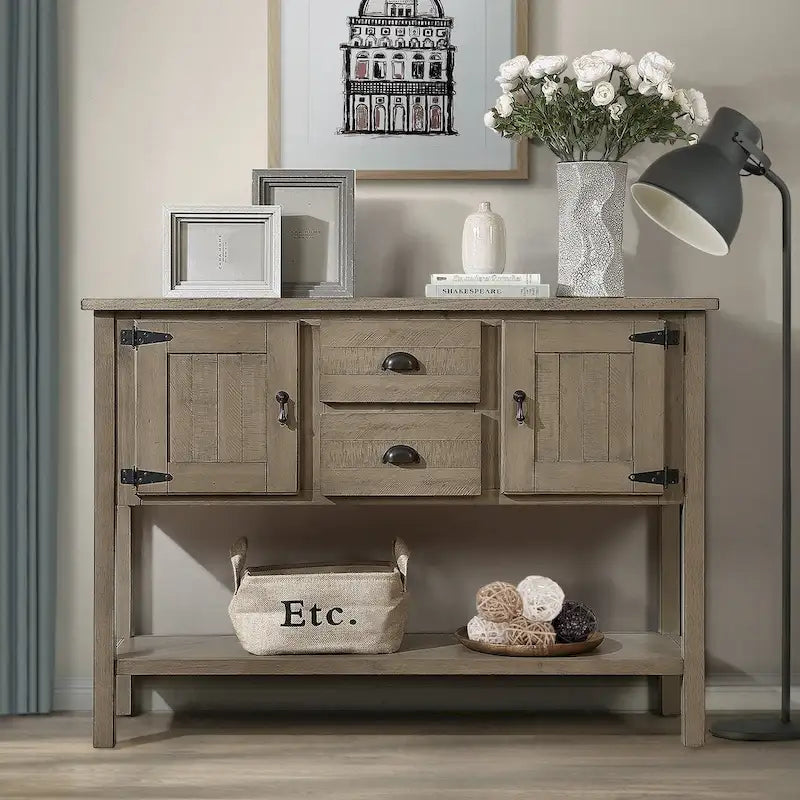 Table console en bois massif de 48 pouces avec 2 tiroirs, des placards et une étagère inférieure