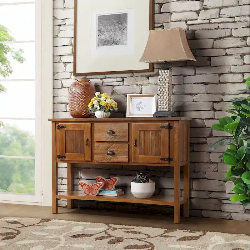 Table console en bois massif de 48 pouces avec 2 tiroirs, des placards et une étagère inférieure