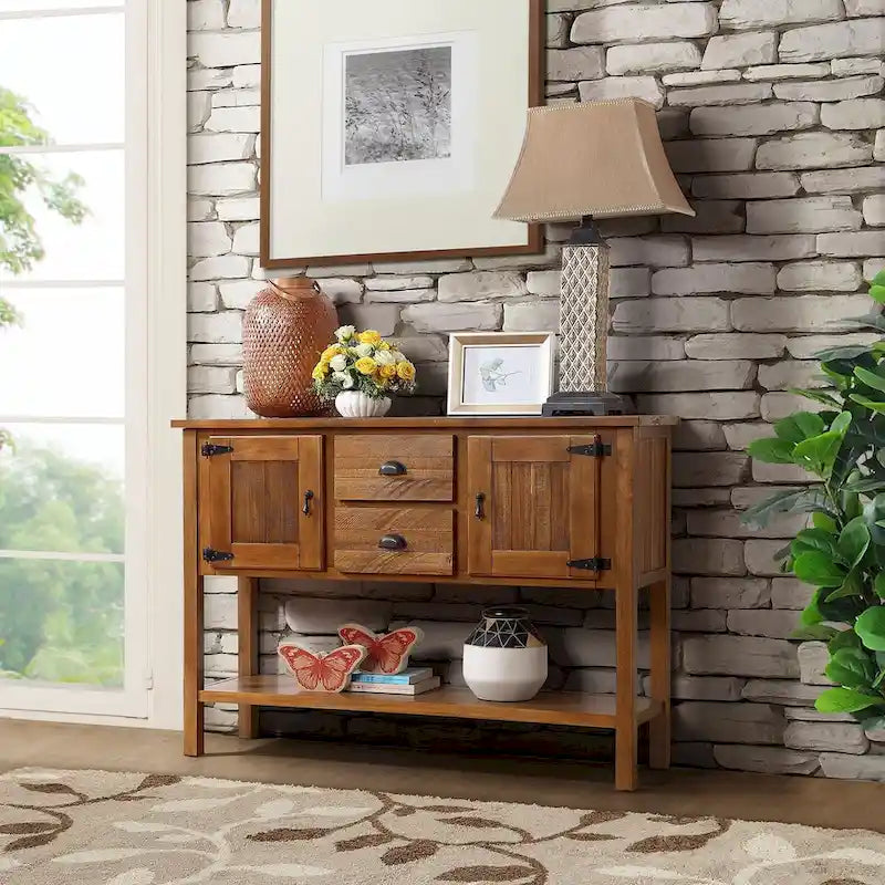 Table console en bois massif de 48 pouces avec 2 tiroirs, des placards et une étagère inférieure