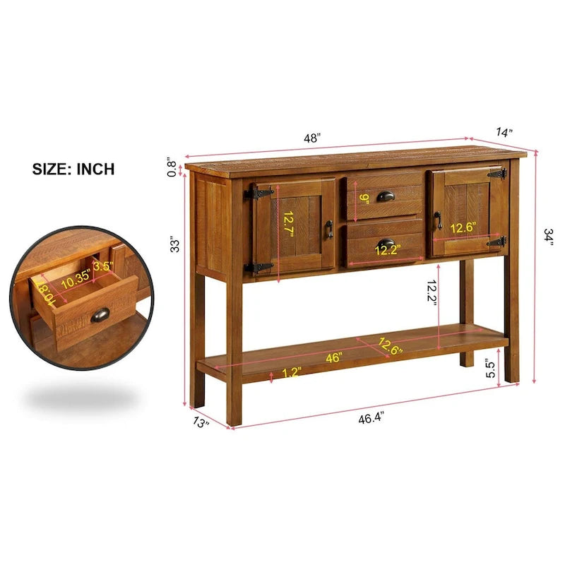 Table console en bois massif de 48 pouces avec 2 tiroirs, des placards et une étagère inférieure