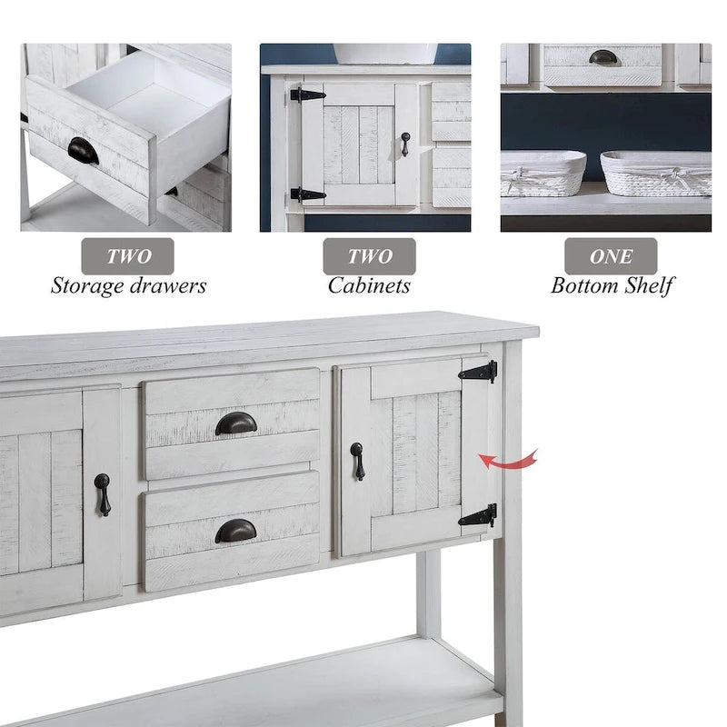Table console en bois massif de 48 pouces avec 2 tiroirs, des placards et une étagère inférieure