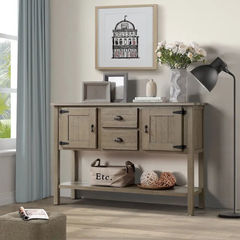 Table console en bois massif de 48 pouces avec 2 tiroirs, des placards et une étagère inférieure