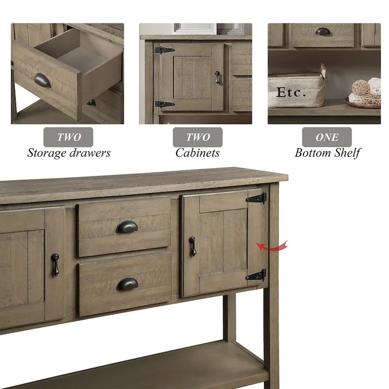 Table console en bois massif de 48 pouces avec 2 tiroirs, des placards et une étagère inférieure