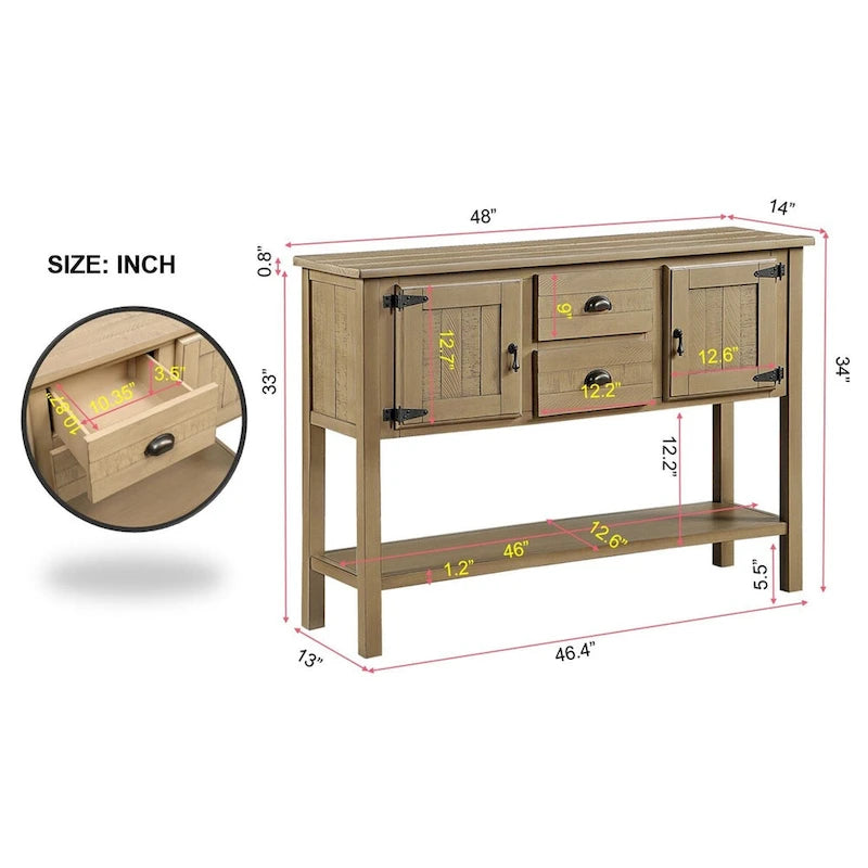 Table console en bois massif de 48 pouces avec 2 tiroirs, des placards et une étagère inférieure