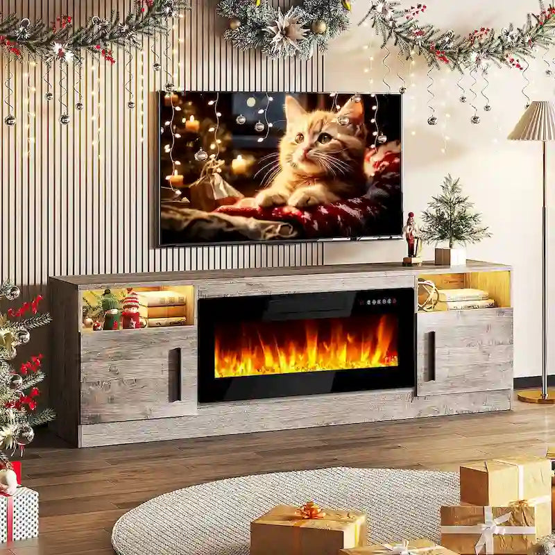 Meuble TV avec cheminée électrique de 36 pouces et lumières LED, pour téléviseurs jusqu'à 80 pouces