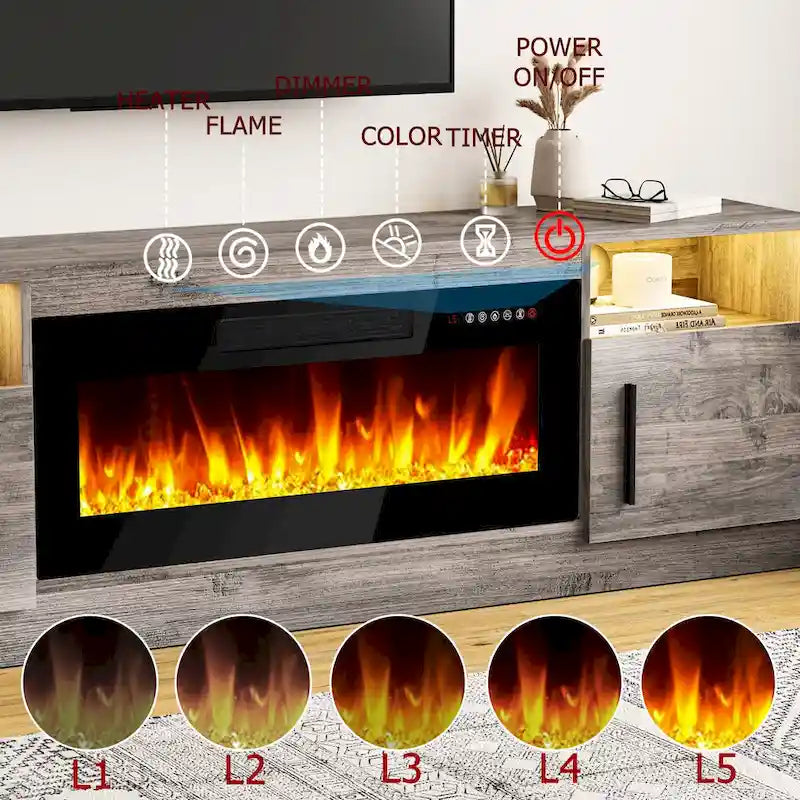 Meuble TV avec cheminée électrique de 36 pouces et lumières LED, pour téléviseurs jusqu'à 80 pouces