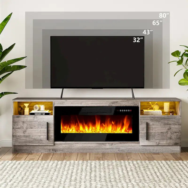 Meuble TV avec cheminée électrique de 36 pouces et lumières LED, pour téléviseurs jusqu'à 80 pouces