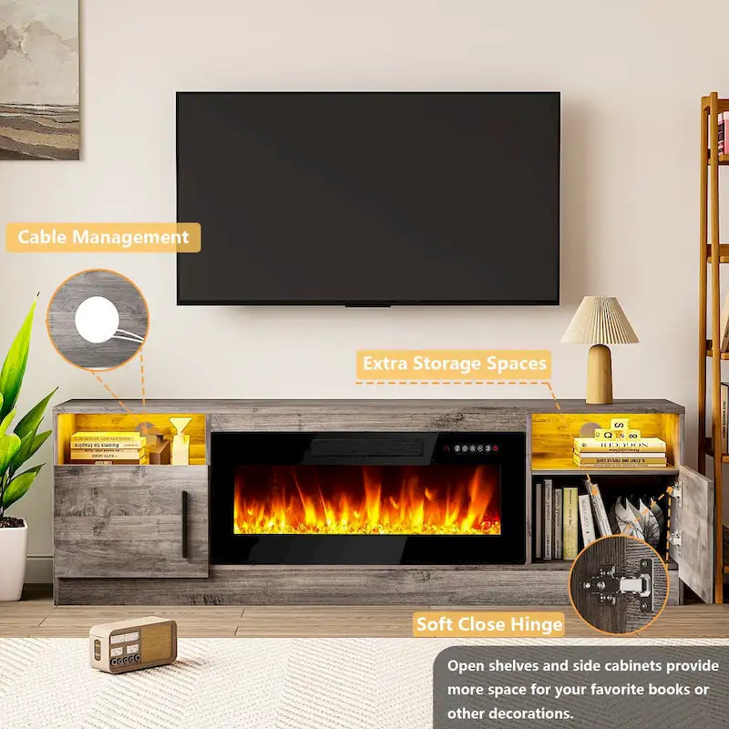 Meuble TV avec cheminée électrique de 36 pouces et lumières LED, pour téléviseurs jusqu'à 80 pouces