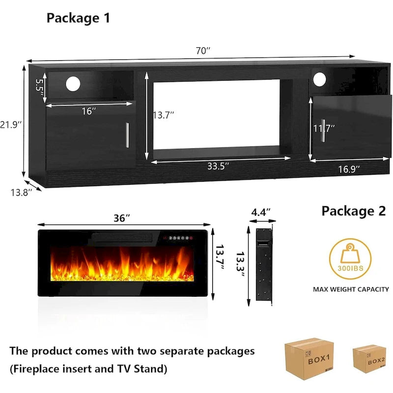 Meuble TV avec cheminée électrique de 36 pouces et lumières LED, pour téléviseurs jusqu'à 80 pouces