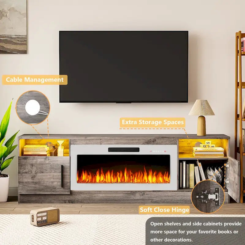 Meuble TV avec cheminée électrique de 36 pouces et lumières LED, pour téléviseurs jusqu'à 80 pouces