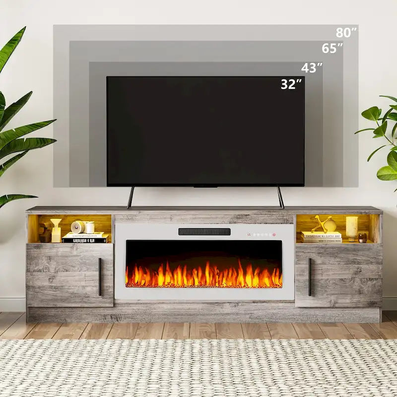 Meuble TV avec cheminée électrique de 36 pouces et lumières LED, pour téléviseurs jusqu'à 80 pouces