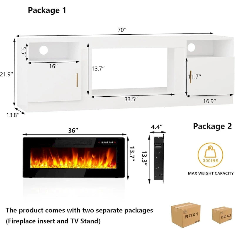 Meuble TV avec cheminée électrique de 36 pouces et lumières LED, pour téléviseurs jusqu'à 80 pouces