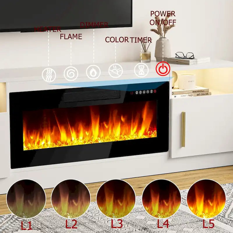 Meuble TV avec cheminée électrique de 36 pouces et lumières LED, pour téléviseurs jusqu'à 80 pouces