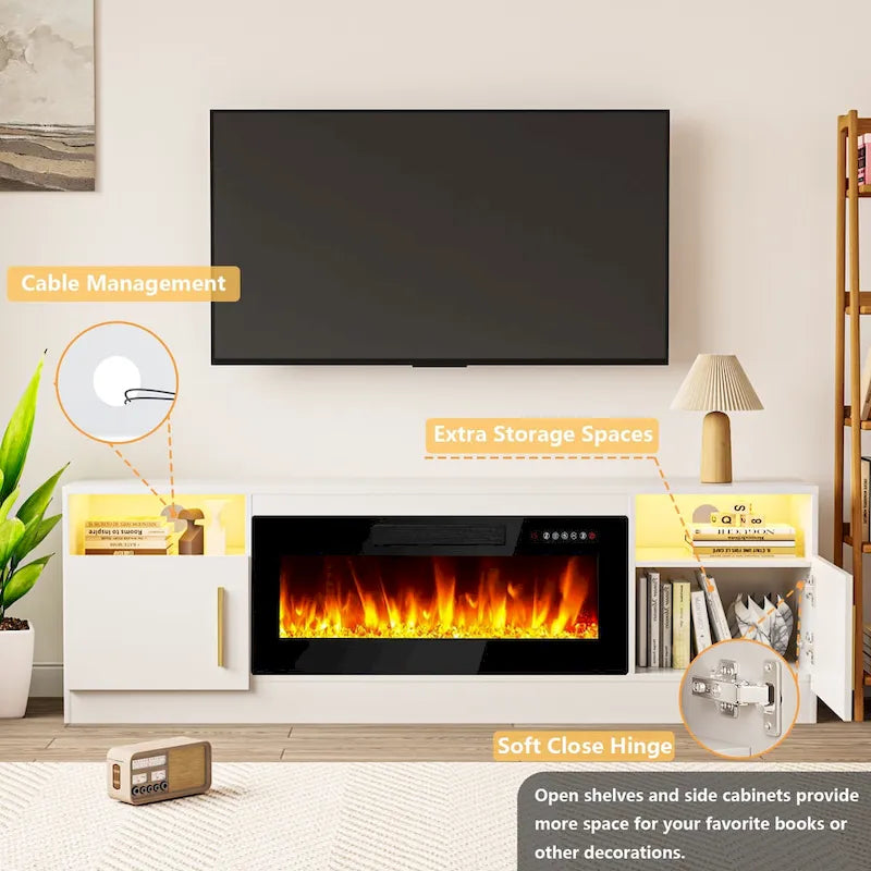 Meuble TV avec cheminée électrique de 36 pouces et lumières LED, pour téléviseurs jusqu'à 80 pouces