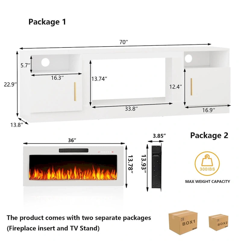 Meuble TV avec cheminée électrique de 36 pouces et lumières LED, pour téléviseurs jusqu'à 80 pouces