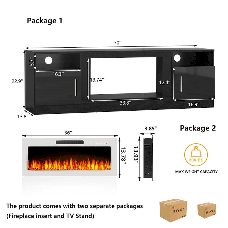 Meuble TV avec cheminée électrique de 36 pouces et lumières LED, pour téléviseurs jusqu'à 80 pouces