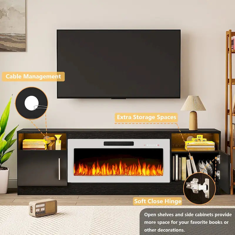 Meuble TV avec cheminée électrique de 36 pouces et lumières LED, pour téléviseurs jusqu'à 80 pouces