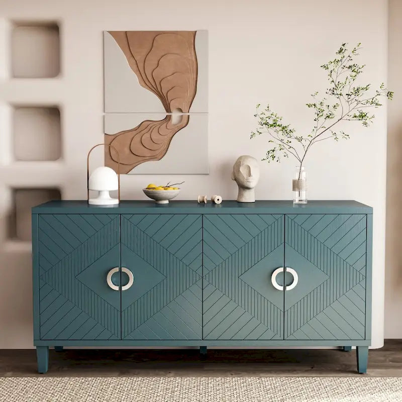 Unique Stylish 4-Door Storage Cabinet with Pine Legs Sideboard Buffets