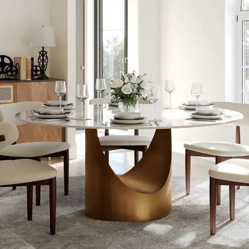 Table à manger ronde moderne avec plateau en pierre brillante blanche et piédestal en bronze